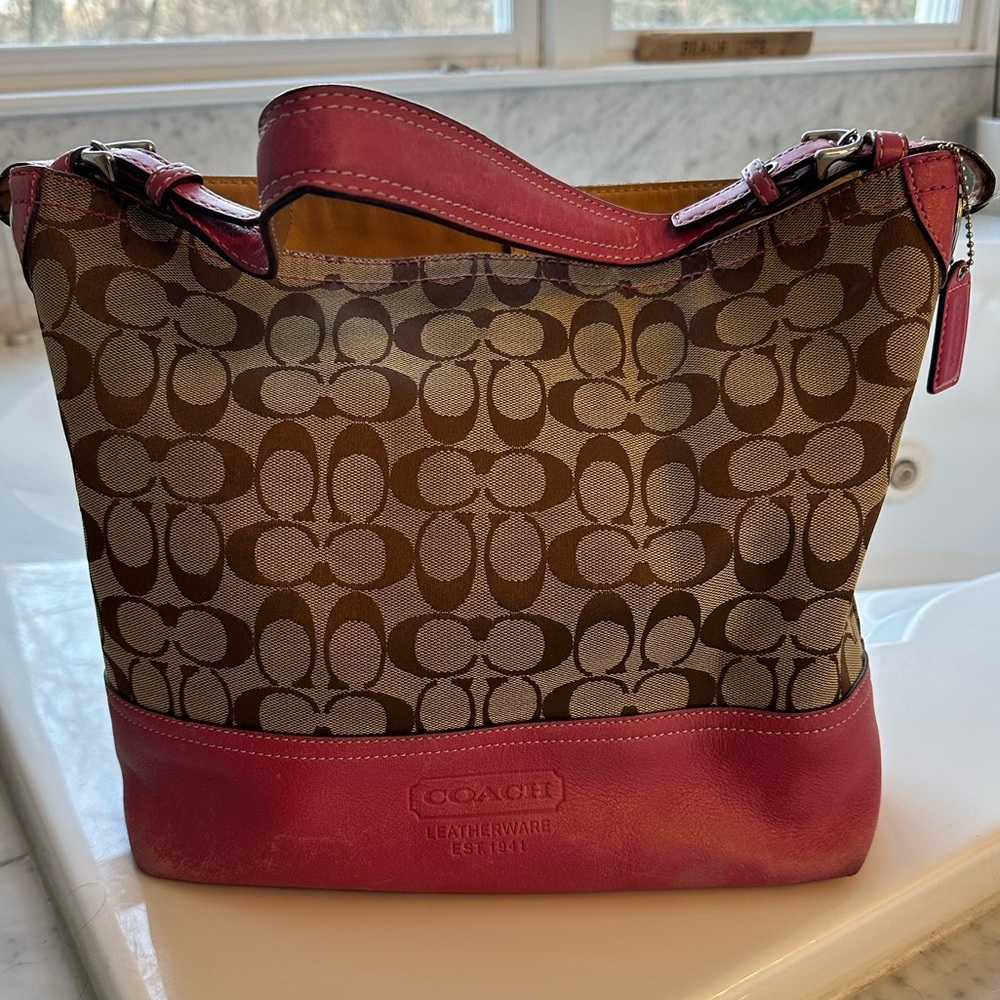Coach Pink Leather and Khaki Canvas Shoulder Bag